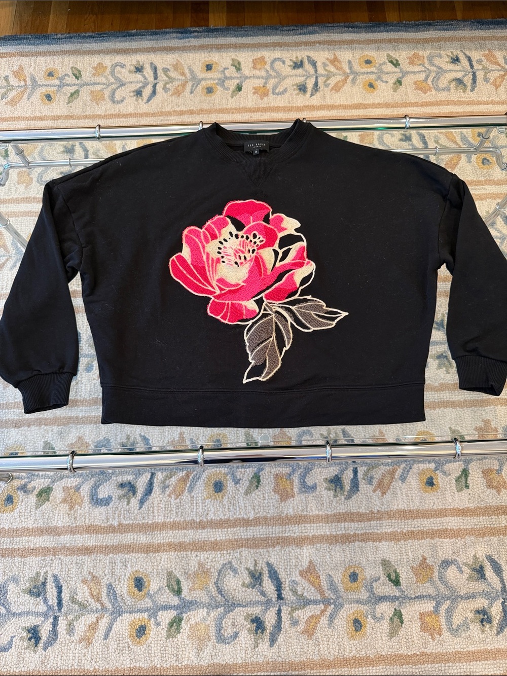 Ted Baker London Black Sweatshirt with Pink Floral Applique